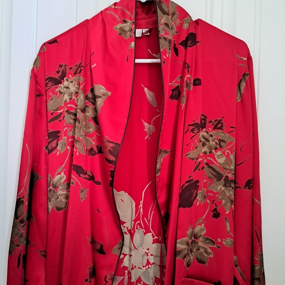 NK ELLE 100% SILK red floral long robe shawl collar elegant lingerie oversize Sm - Picture 8 of 10